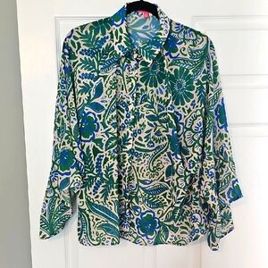 Flying Tomato Green and Blue Leaf Print Blouse